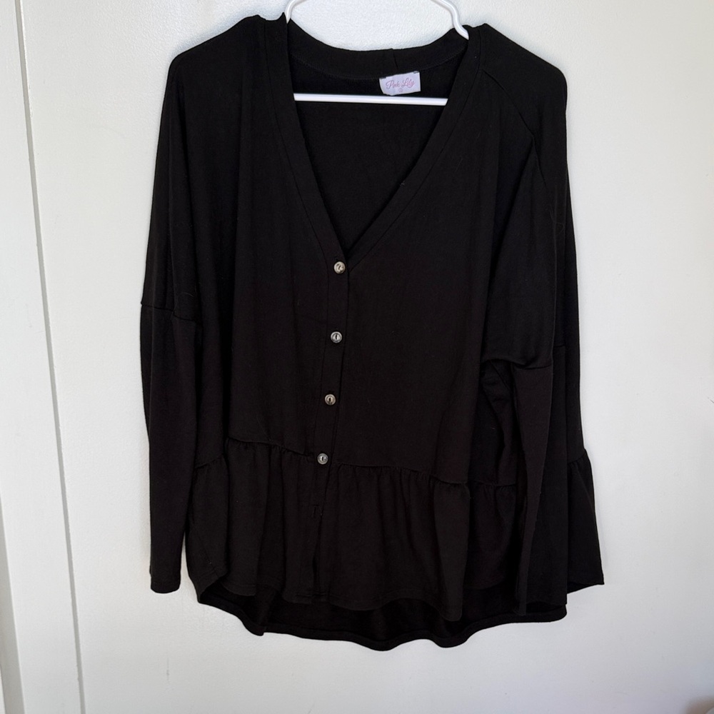 Pink Lily Black Button-Front V-Neck Peplum Top